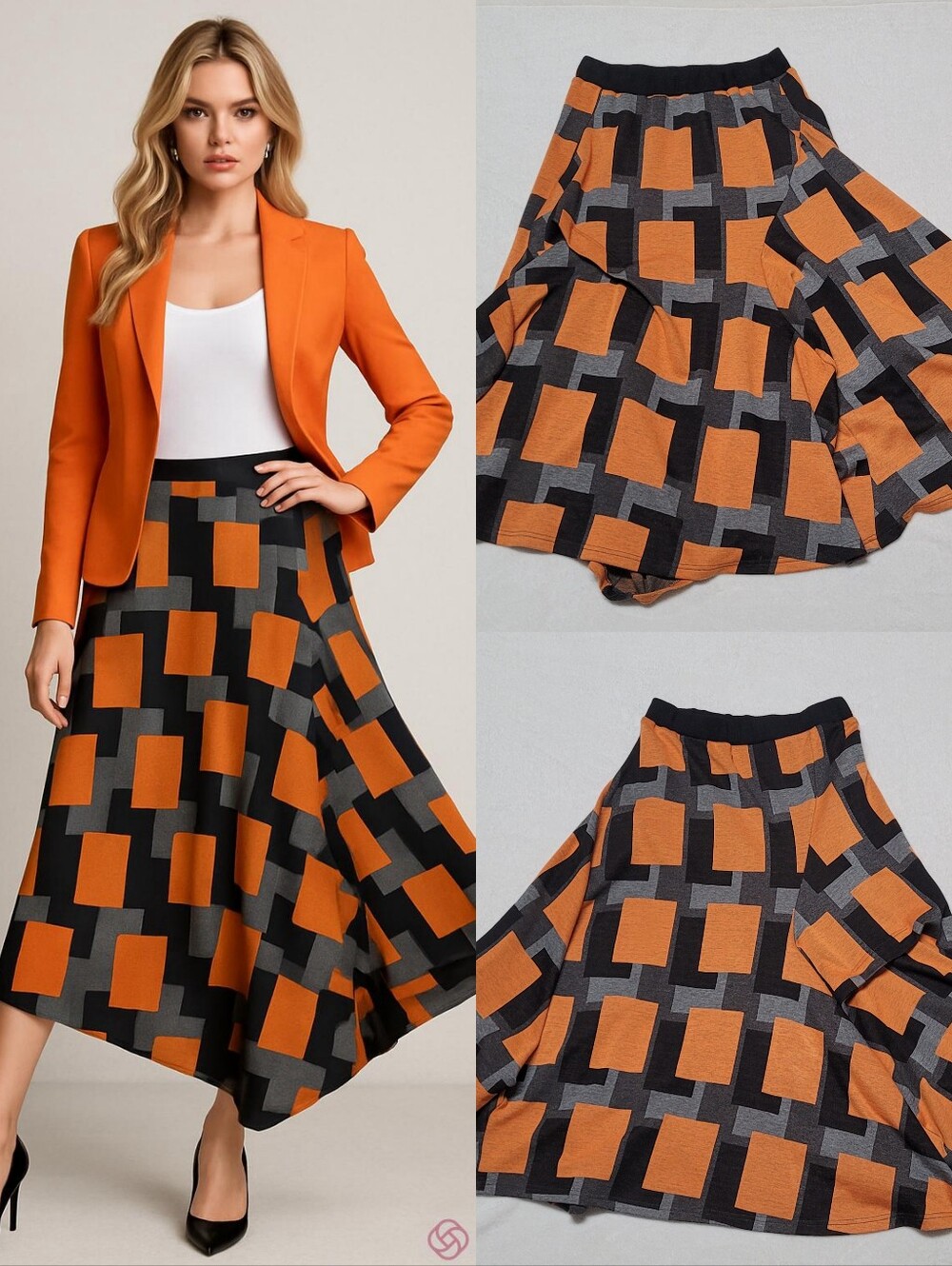 Donna Vinci Black Orange Geometric Checkered Asymmetric Pleated Midi Skirt S